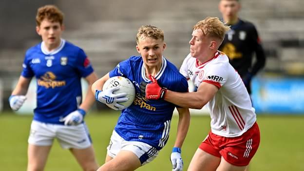 Jake Brady, Cavan, and Peter Colton, Tyrone, in Electric Ireland Ulster MFC Final action. Photo by Oliver McVeigh/Sportsfile
