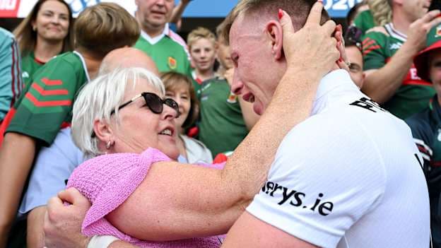 Ryan O'Donoghue of Mayo is congratulated by his mother Brenda after the GAA Football All-Ireland Senior Championship final match between Kerry and Mayo at Croke Park in Dublin. Photo by Ray McManus/Sportsfile.