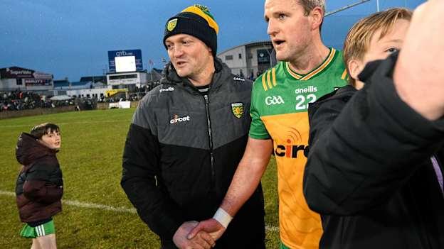 Donegal selector Colm McFadden shakes hands with Michael Murphy after the Allianz Football League Division 1 match between Donegal and Armagh at MacCumhaill Park in Ballybofey, Donegal. Photo by Ramsey Cardy/Sportsfile.