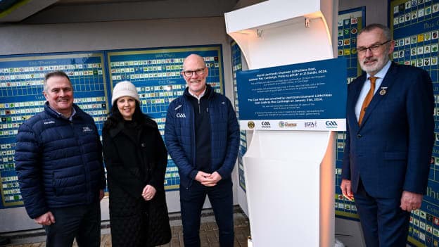 In attendance at the unveiling of a new club wall at Croke Park in Dublin, incorporating the crests of clubs from GAA, LGFA, Camogie, Handball and Rounders; are from left to right, Croke Park stadium director Peter McKenna, GAA museum director Niamh McCoy, John Fitzpatrick, and Uachtarán Chumann Lúthchleas Gael Larry McCarthy. Photo by Ramsey Cardy/Sportsfile
