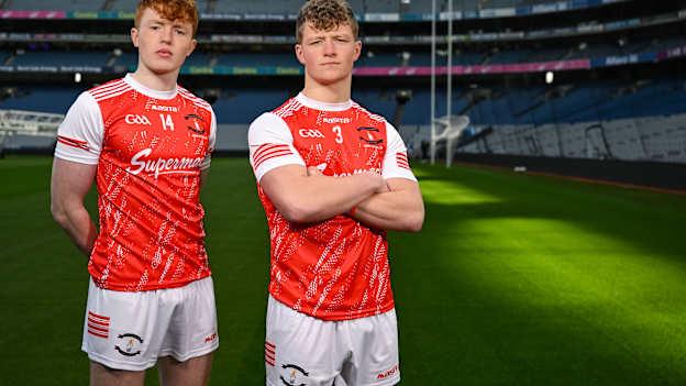 Darragh Beirne and Rio Mortimer, right, of St Colman's College Claremorris, Mayo, ahead of their side's Masita All-Ireland Post Primary Schools A Football Final against St Patrick's Maghera, Derry, during the Masita All-Ireland Post Primary Schools Finals Captains Call at Croke Park in Dublin. Photo by Stephen McCarthy/Sportsfile.