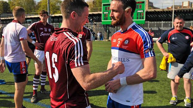 Danny Cummins, Galway, and Ronan McGinley, New York, following a 2015 Connacht SFC clash at Gaelic Park. Photo by: Ray Ryan/Sportsfile