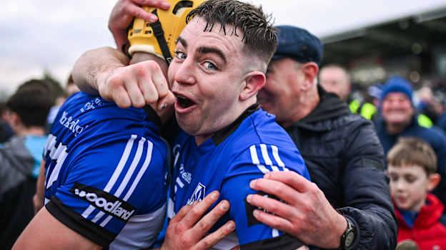 Sarsfields players Shane O'Regan and Aaron Myres celebrate after their side's victory in the AIB GAA Hurling All-Ireland Senior Club Championship semi-final match between Sarsfields of Cork and Slaughtneil of Derry at Cedral St Conleth's Park in Newbridge, Kildare. Photo by Piaras Ó Mídheach/Sportsfile.