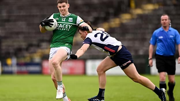 Darragh McGurn, Fermanagh, and Adam Loughlin Stones, New York in Tailteann Cup action. Photo by Ben McShane/Sportsfile