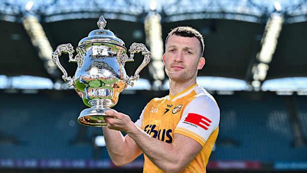 Dermot McAleese of Antrim pictured with the Tailteann Cup at the launch of the Tailteann Cup at Croke Park in Dublin. Photo by Sam Barnes/Sportsfile.