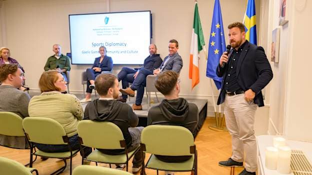 Gaelic Games Europe's Head of Operations, Chris Collins, speaking at the Sports Diplomacy Initiative organised by the Irish Embassy in Stockholm. 