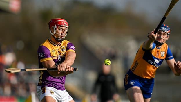 Lee Chin of Wexford in action against David Fitzgerald of Clare during the Allianz Hurling League Division 1A match between Clare and Wexford at Cusack Park in Ennis, Clare. Photo by Brendan Moran/Sportsfile.