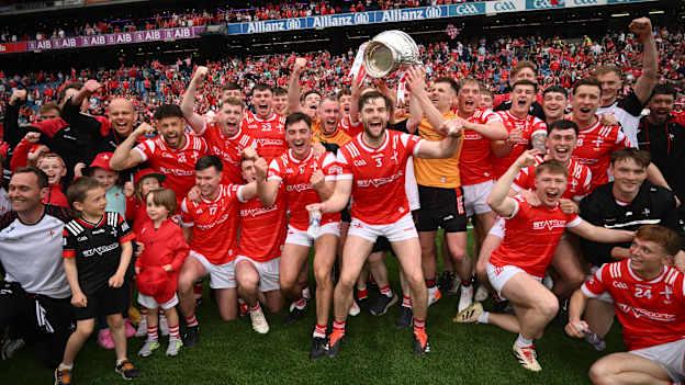 The Louth team celebrate after the Leinster GAA Football Senior Championship final match between Louth and Meath at Croke Park in Dublin. Photo by Ramsey Cardy/Sportsfile