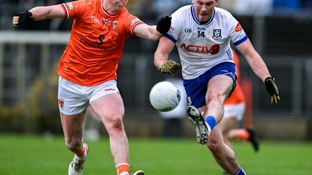 Andrew Woods, Monaghan, and Tiernan Kelly, Armagh, in Allianz Football League action. Photo by Daire Brennan/Sportsfile
