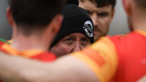Niall Carew talks to Carlow players ahead of the 2023 Leinster SFC clash against Wicklow. Photo by Daire Brennan/Sportsfile