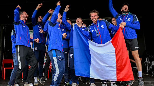 France GAA players celebrating during the 2023 World Games in Derry. Photo by Piaras Ó Mídheach/Sportsfile