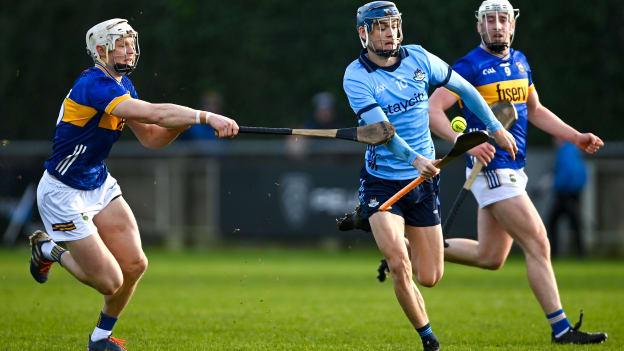 Brian Hayes, Dublin, and Bryan O'Mara, Tipperary, in Allianz Hurling League action. Photo by Tyler Miller/Sportsfile