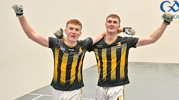 Kilkenny's Jack Holden and Kyle Jordan celebrate after victory over Wexford's Mark Doyle and Joe Devereux. 