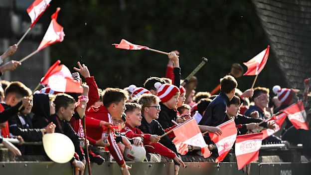 Cuala supporters celebrate a first half score during the Dublin County Senior Club Football Championship final match between Cuala and Kilmacud Crokes at Parnell Park in Dublin. Photo by Daire Brennan/Sportsfile.