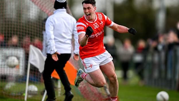 Daire McConnon of Louth celebrates after scoring his side's first goal during the Allianz Football League Division 2 match between Louth and Meath at Grattan Park in Inniskeen, Monaghan. Photo by Daire Brennan/Sportsfile.