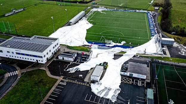 A general view of the University of Galway Connacht GAA Air Dome, in Bekan, Mayo, which was destroyed during Storm Éowyn. Photo by Piaras Ó Mídheach/Sportsfile