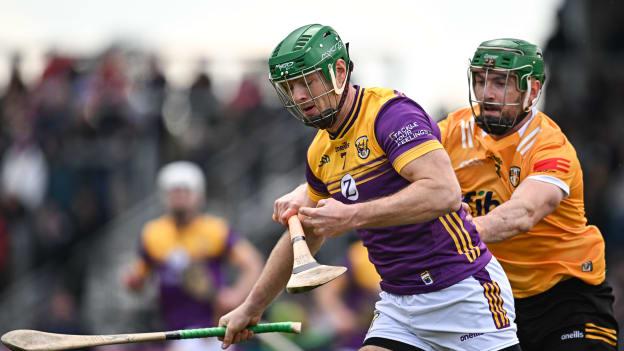 Matthew O'Hanlon, Wexford, and Conor McCann, Antrim, in Leinster SHC action at Corrigan Park. Photo by Sam Barnes/Sportsfile