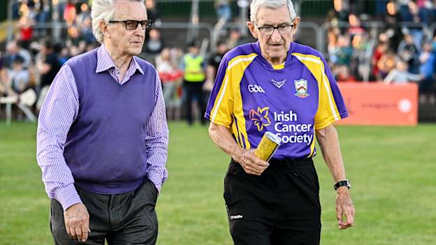 Trainer Jim Bolger, left, and 1996 All-Ireland winning Wexford hurling manager Liam Griffin in attendance during the Hurling for Cancer Research 2024 charity match at Netwatch Cullen Park in Carlow. Photo by Piaras Ó Mídheach/Sportsfile.