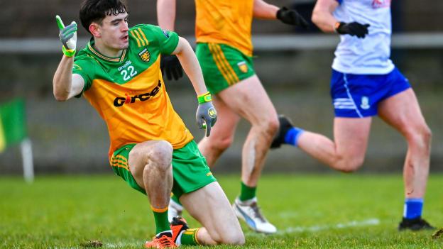 Ronan Frain of Donegal celebrates after scoring his side's fourth goal during the Dr McKenna Cup semi-final match between Monaghan and Donegal at Castleblayney in Monaghan. Photo by Ramsey Cardy/Sportsfile.