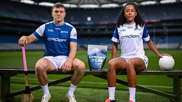 Clare hurler Shane O'Donnell and Antrim ladies footballer Lara Dahunsi during the Cróga Nutrition product launch at Croke Park in Dublin. This launch event unveiled a groundbreaking new sports nutrition brand, specially formulated for Gaelic games, that has been developed as a joint venture between the GAA, GPA and Nuvion Nutrition. Photo by David Fitzgerald/Sportsfile.