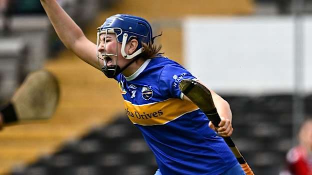 Eimear McGrath of Tipperary celebrates after scoring her side's first goal during the 2024 Glen Dimplex Camogie All-Ireland Senior Championship semi-final match between Galway and Tipperary at UPMC Nowlan Park in Kilkenny. Photo by Harry Murphy/Sportsfile.