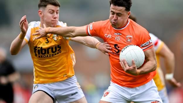 Stefan Campbell, Armagh, and Eunan Walsh, Antrim, in Ulster SFC action at Corrigan Park. Photo by David Fitzgerald/Sportsfile