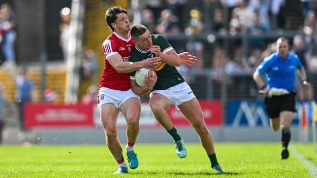 Joe O'Connor, Kerry, and Colm O'Callaghan, Cork, in Munster SFC action. Photo by Brendan Moran/Sportsfile