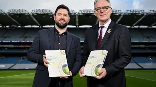 Colin O’Brien, Croke Park Sustainability Manager, and Uachtarán Chumann Lúthchleas Gael Jarlath Burns, pictured at the Sustainability Report Launch at Croke Park. Photo by David Fitzgerald/Sportsfile