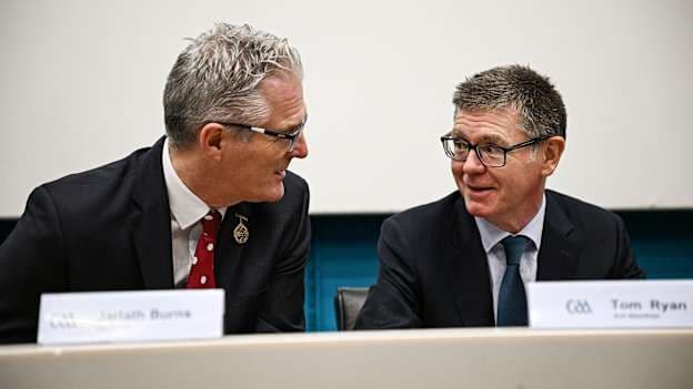 Uachtarán Chumann Lúthchleas Gael Jarlath Burns, left, and Ard Stiúrthóir of the GAA Tom Ryan during the GAA Annual Report media event at Croke Park in Dublin. Photo by Seb Daly/Sportsfile.