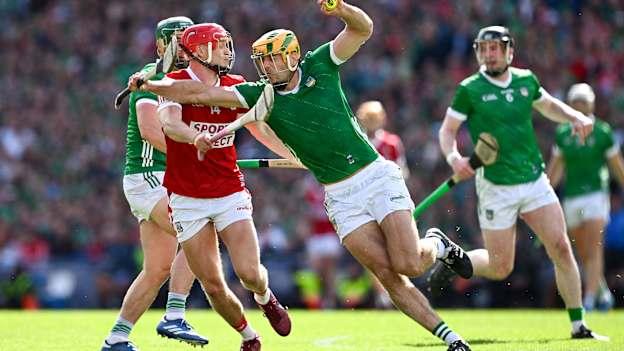 Dan Morrissey of Limerick is tackled by Alan Connolly of Cork during the GAA Hurling All-Ireland Senior Championship semi-final match between Limerick and Cork at Croke Park in Dublin. Photo by Ray McManus/Sportsfile