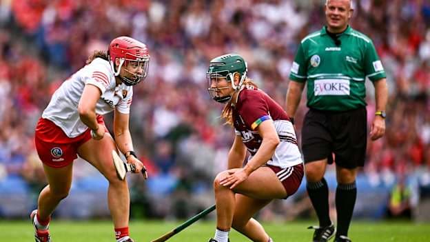 Sorcha McCartan, Cork, and Róisín Black, Galway, in action during the Glen Dimplex All-Ireland Senior Camogie Championship Final at Croke Park. Photo by Piaras Ó Mídheach/Sportsfile