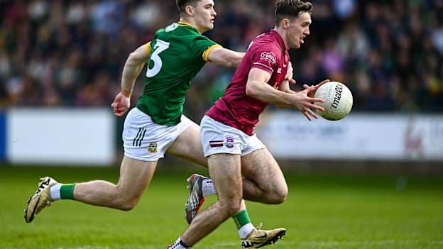 Matthew Whittaker of Westmeath in action against Seán Rafferty of Meath during the Leinster GAA Football Senior Championship quarter-final match between Meath and Westmeath at Glenisk O'Connor Park in Tullamore, Offaly. Photo by Ben McShane/Sportsfile.