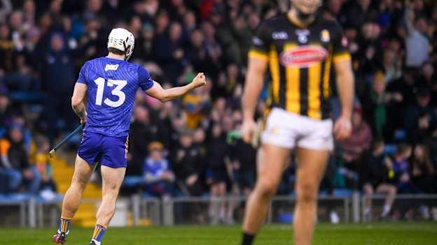 Clare's Aidan McCarthy celebrates after scoring a goal in the 2024 Allianz Hurling League Division 1 Final against Kilkenny. Photo by John Sheridan/Sportsfile