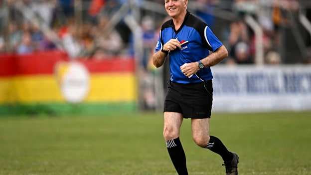Referee Dickie Murphy during the Hurling for Cancer Research 2025 charity match between Jim Bolger's Stars and Davy Russell's Best at Netwatch Cullen Park. Photo by Piaras Ó Mídheach/Sportsfile