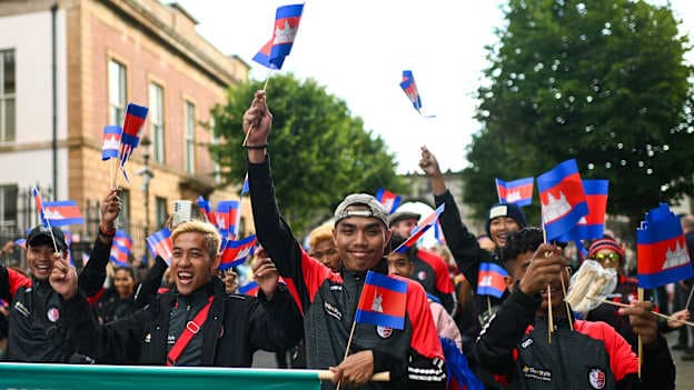 Athletes from Asia participate in the parade during the opening ceremony of the GAA World Games 2023 in Derry. Photo by Ramsey Cardy/Sportsfile.