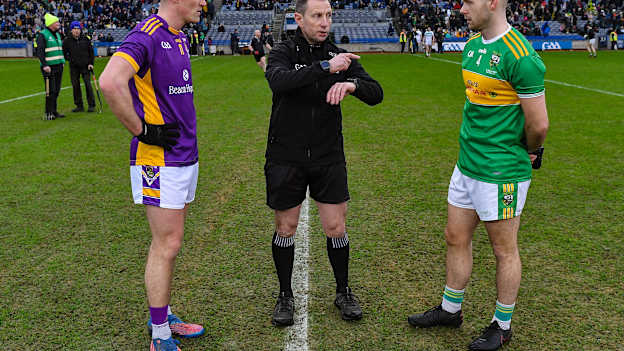 Referee Derek O'Mahoney performs the coin toss with team captains Shane Cunningham of Kilmacud Crokes and Connor Carville of Watty Graham's Glen before the 2023 AIB GAA Football All-Ireland Senior Club Championship Final match between Watty Graham's Glen of Derry and Kilmacud Crokes of Dublin at Croke Park in Dublin. Photo by Piaras Ó Mídheach/Sportsfile.
