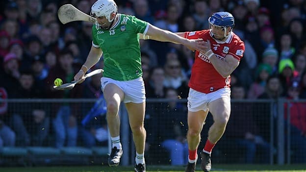 Aaron Gillane of Limerick in action against Seán O'Donoghue of Cork during the Allianz Hurling League Division 1A final match between Limerick and Cork at TUS Gaelic Grounds in Limerick. Photo by John Sheridan/Sportsfile.