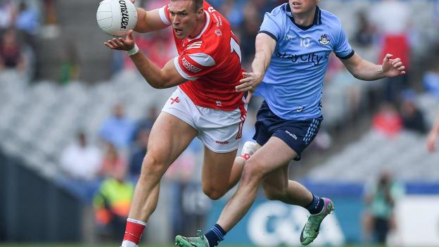 Conor Grimes, Louth, and Cormac Costello, Dublin, in Leinster SFC Final action at Croke Park. Photo by Shauna Clinton/Sportsfile