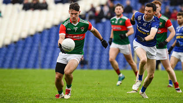 Shane Hanratty, Inniskeen, and James Hamill, Scotstown, in Monaghan SFC Final action. Photo by Philip Fitzpatrick/Sportsfile