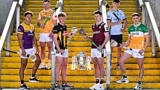 In attendance at the launch of the 2025 Leinster GAA Senior Hurling Championship at UPMC Nowlan Park in Kilkenny are, from left, Lee Chin of Wexford, Paddy Burke of Antrim, John Donnelly of Kilkenny, Cianán Fahy of Galway, Brian Hayes of Dublin and Ciarán Burke of Offaly, alongside the Bob O'Keeffe Cup. Photo by Sam Barnes/Sportsfile,