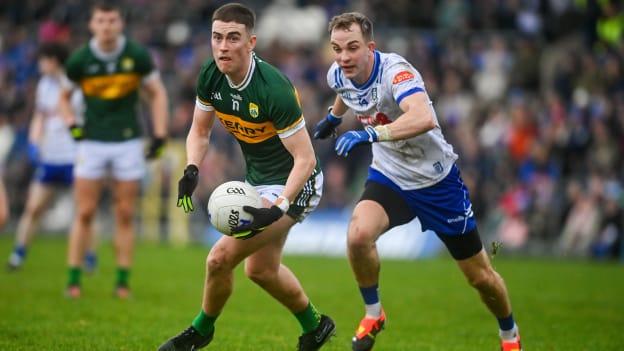 Dylan Geaney, Kerry, and Jack McCarron, Monaghan, in Allianz Football League action. Photo by Sam Barnes/Sportsfile