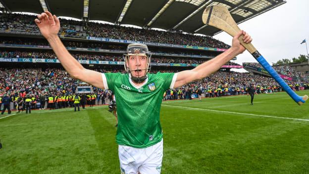 Limerick's Diarmaid Byrnes celebrates following the 2023 All-Ireland SHC Final win over Kilkenny at Croke Park. Photo by Ramsey Cardy/Sportsfile