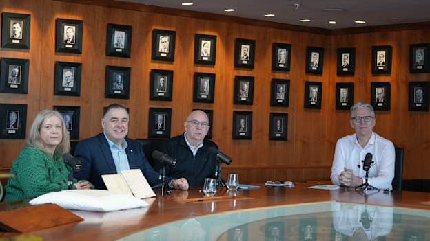 Julianne McKeigue (GAA Museum), Ger O'Sullivan (Cork GAA and Acting Director of National Council for Curriculum Assessment), Kevin McCarthy (historian and author), and Jarlth Burns (Uachtarán CLG) pictured at the filming of the podcast.