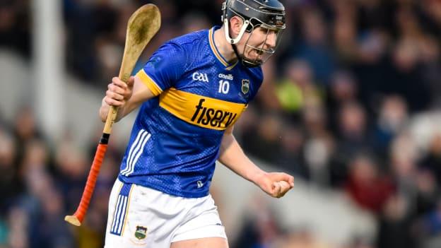 Gearoid O'Connor of Tipperary celebrates after scoring his side's first goal, from a penalty, in the fourth and last minute of injury time which was the final score of the Allianz Hurling League Division 1 Group B match between Tipperary and Galway at FBD Semple Stadum in Thurles, Tipperary. Photo by Tom Beary/Sportsfile.