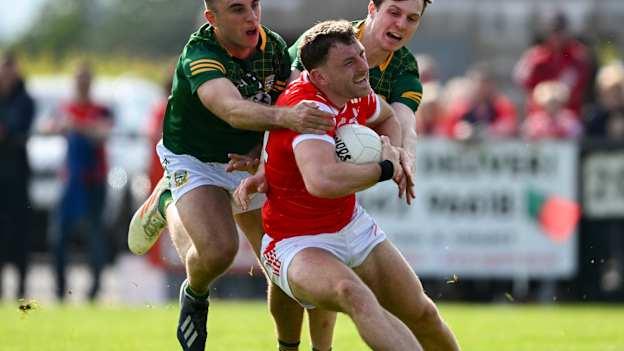 Sam Mulroy of Louth in action against Seán Coffey, left, and Adam O'Neill of Meath during the GAA Football All-Ireland Senior Championship Round 1 match between Louth and Meath at Grattan Park in Inniskeen, Monaghan. Photo by Daire Brennan/Sportsfile.