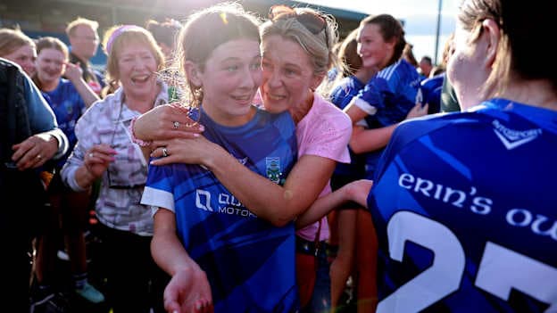 Katie Mullins of Erin's Own with her mother Laura Mullins after the cup final match between Erin's Own and Barryroe during the 2026 John West Féile na nGael Camogie and Hurling National Finals at Laois Hire O’Moore Park & LOTB Centre Of Excellence in Portlaoise, Laois. Photo by Thomas Flinkow/Sportsfile.