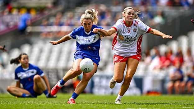 Emma Lawlor, Laois, and Jayne Lyons, Tyrone, in action at Croke Park. Photo by Piaras Ó Mídheach/Sportsfile