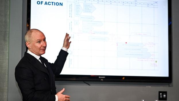 GAA Football Review Committee chairperson Jim Gavin addresses the media during a briefing at the GAA Football Review Committee media event held at Croke Park in Dublin. Photo by Seb Daly/Sportsfile.