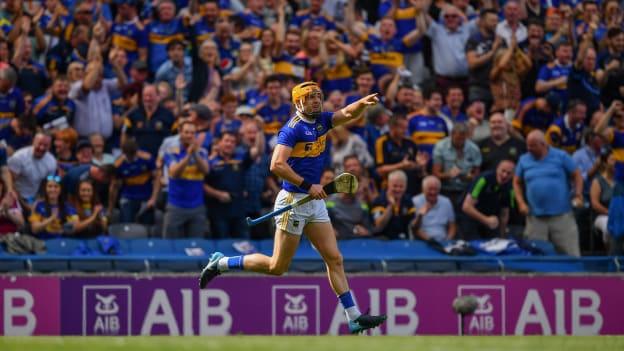 Séamus Callanan of Tipperary celebrates after scoring his side's first goal during the 2019 GAA Hurling All-Ireland Senior Championship Semi Final match between Wexford and Tipperary at Croke Park in Dublin. Photo by Brendan Moran/Sportsfile