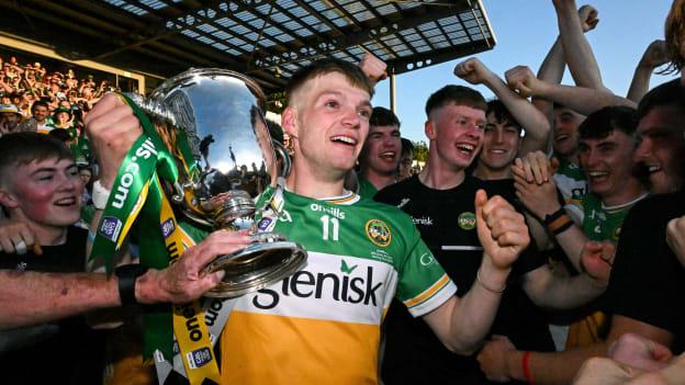 The Offaly captain Dan Bourke lifts the James Nowlan Cup after the oneills.com GAA Hurling All-Ireland U20 Championship final match between Offaly and Tipperary at UPMC Nowlan Park in Kilkenny. Photo by Ray McManus/Sportsfile.